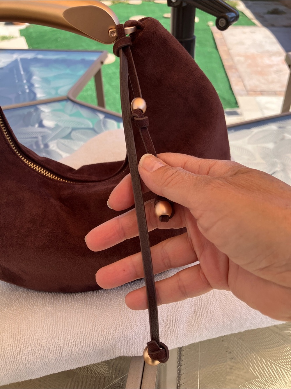 a new day Dark Brown Faux Suede Crescent Hobo with Gold-Tone Handle - Picture 2 of 6